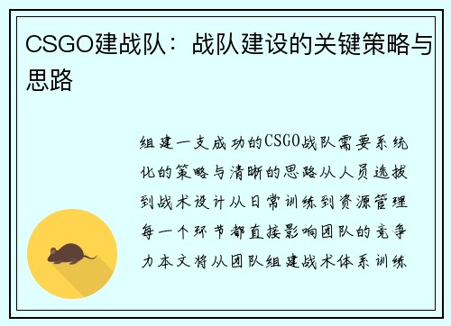 CSGO建战队：战队建设的关键策略与思路